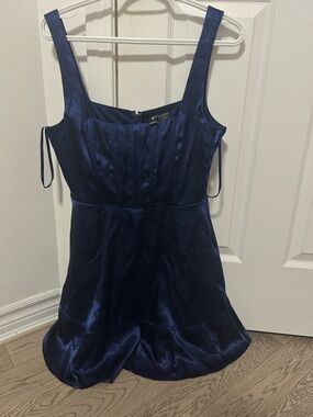 Windsor Navy Satin Square-Neck Mini Dress